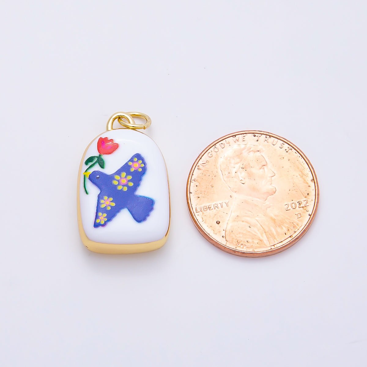 16K Gold Filled 20mm Bird Dove of Peace with Flower Plant Enamel Charm | Charms-01240