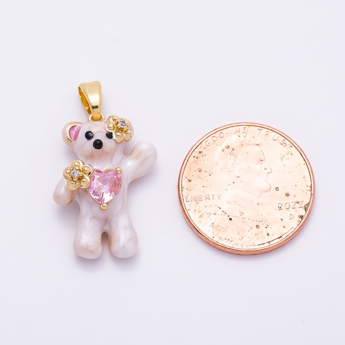 16K Gold Filled 21mm CZ Enamel Pink Heart Flower Teddy Bear Pendant | Charms-01279