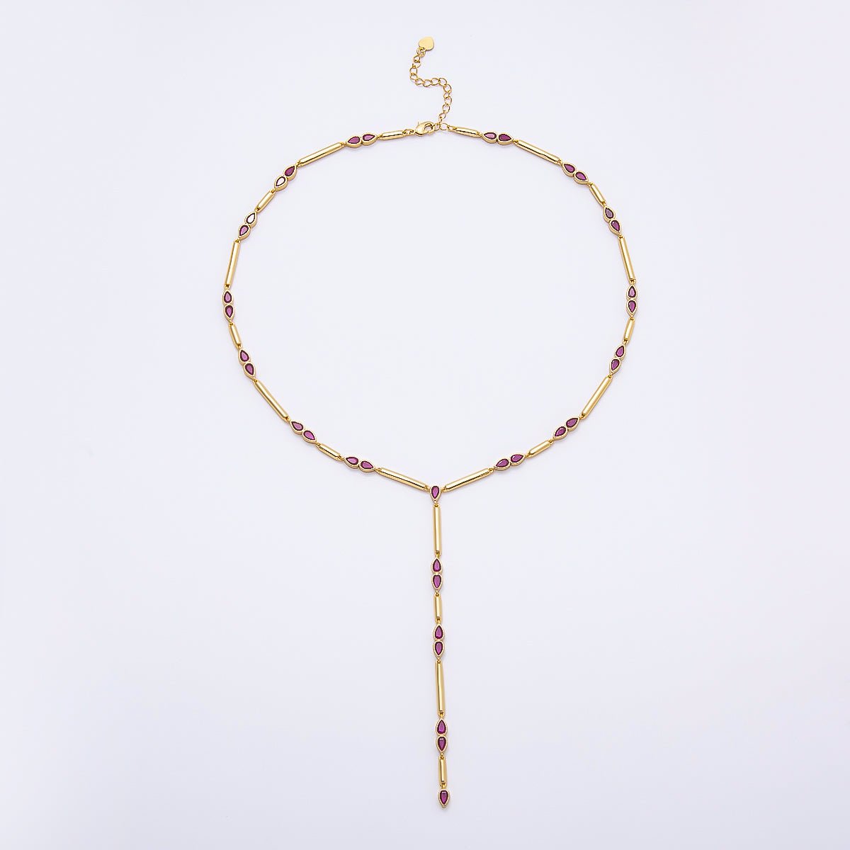 16K Gold Filled 4mm Clear, Green, Fuchsia CZ Teardrop Bar Lariat 17.5 Inch Necklace | WA-00146 WA-00152 WA-00185