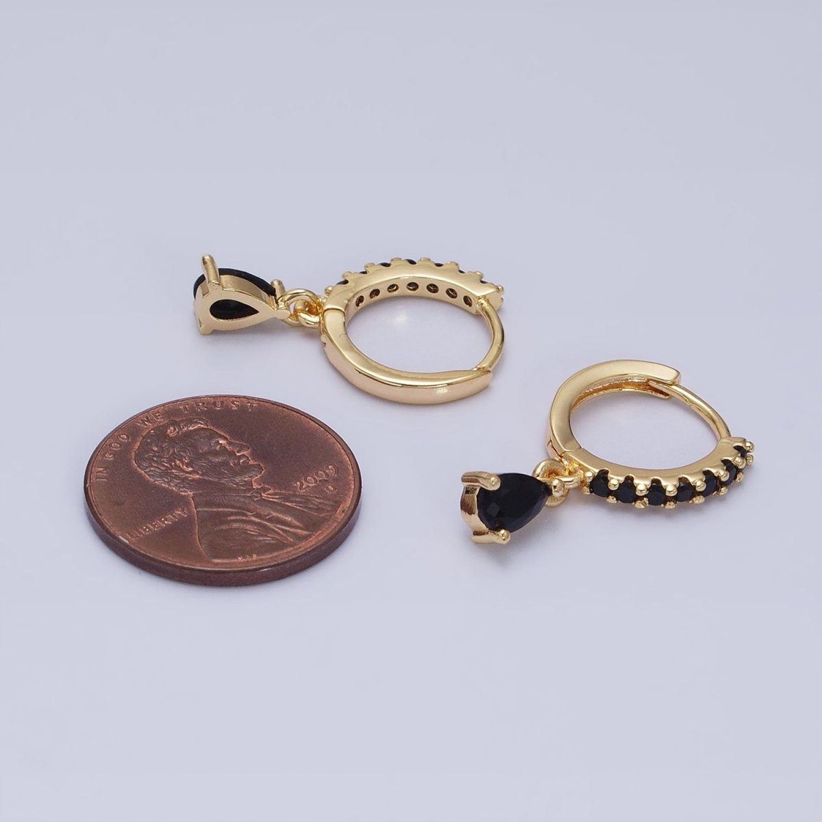 16K Gold Filled Black CZ Teardrop Micro Paved Huggie Earrings in Gold & Silver | AD839 AD840