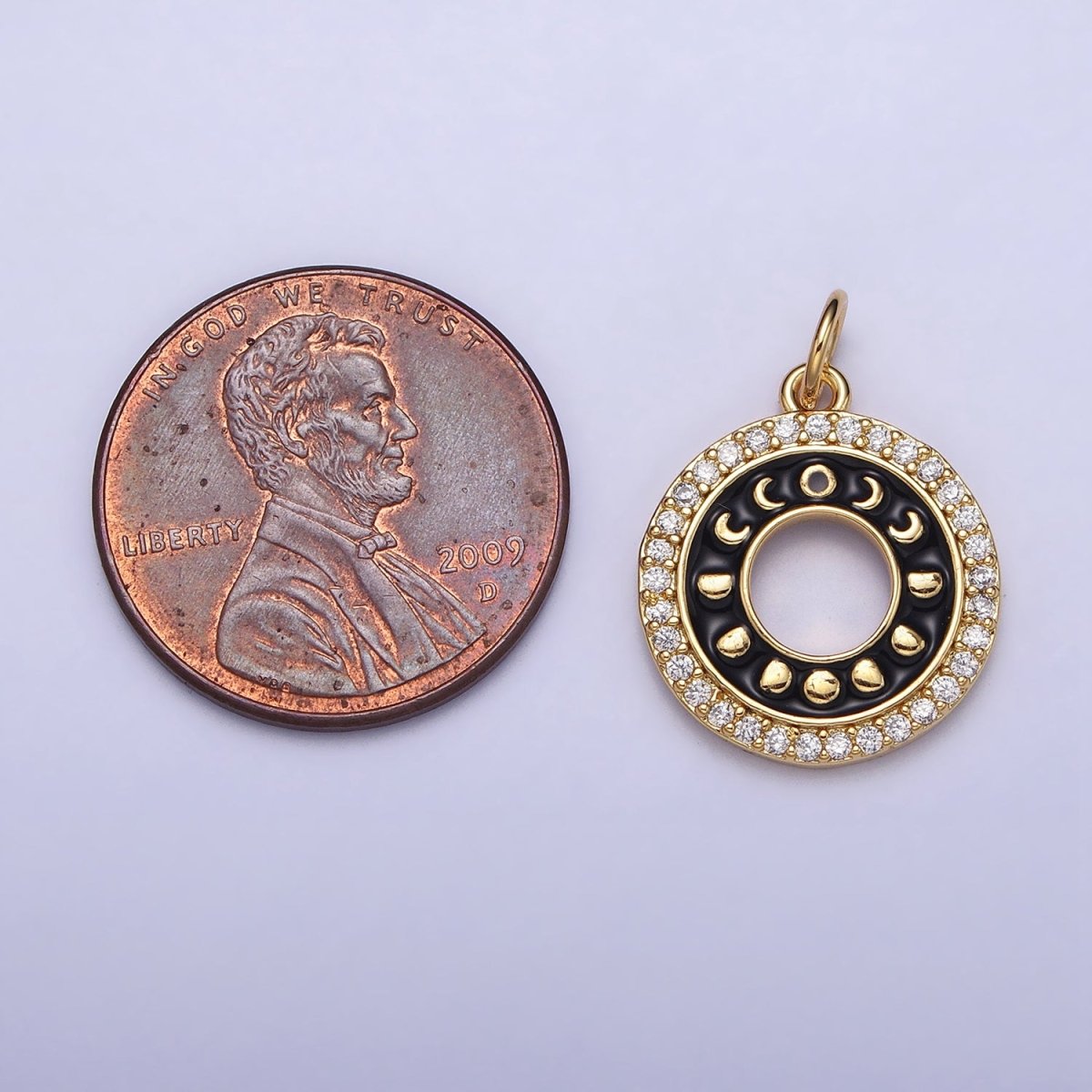 16K Gold Filled Celestial Lunar Moon Phases Black Enamel Micro Paved CZ Open Round Charm in Gold & Silver | AC1264 AC1265
