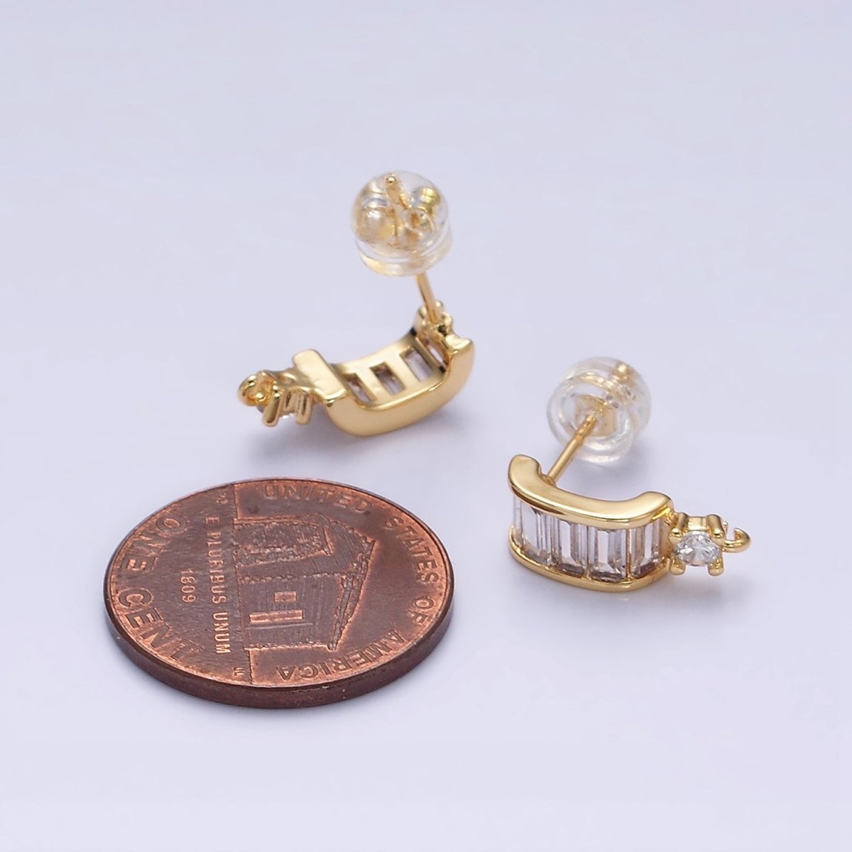 16K Gold Filled Clear Baguette Bar C-Shaped Open Loop Stud Earrings Supply in Gold & Silver | Z-423 Z-424