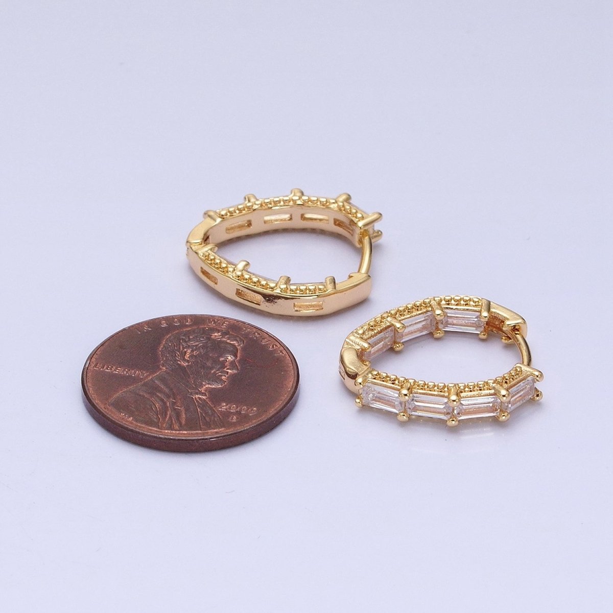 16K Gold Filled Clear Baguette CZ Front-Sided Triangle Hoop Earrings in Gold & Silver | AD909 AD910