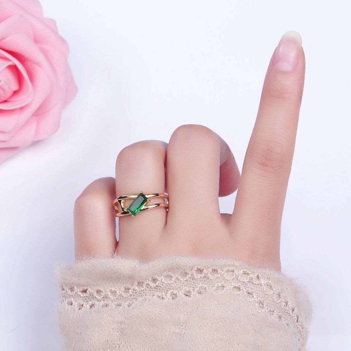 16K Gold Filled Clear, Green Baguette Molten Double Band Ring in Gold & Silver | O-1622 O-1623 O-1624