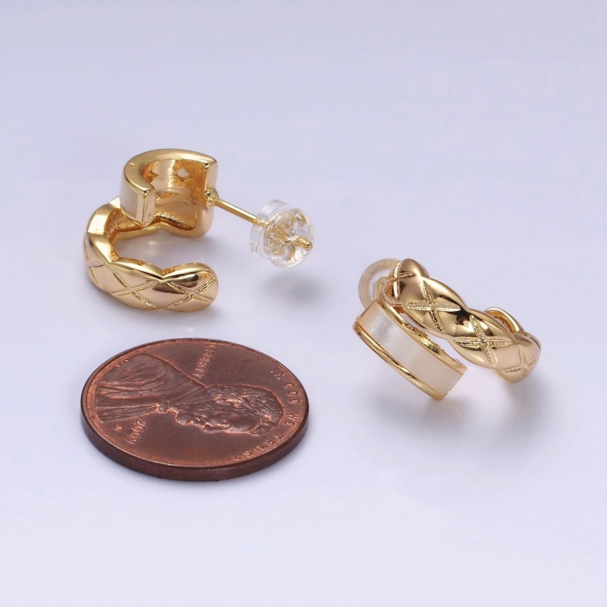 16K Gold Filled Double Band Quilted X Cross Pearl Lied C-Shaped Hoop Earrings in Gold & Silver | AD986 AD987