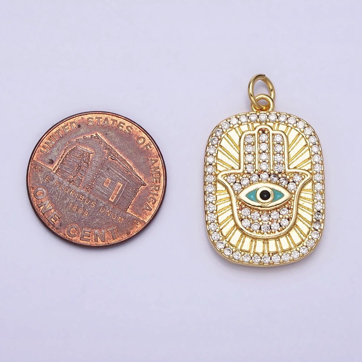 16K Gold Filled Double Sided Micro Paved CZ Hamsa Hand Evil Eye Turquoise Enamel Tag Charm | AC953