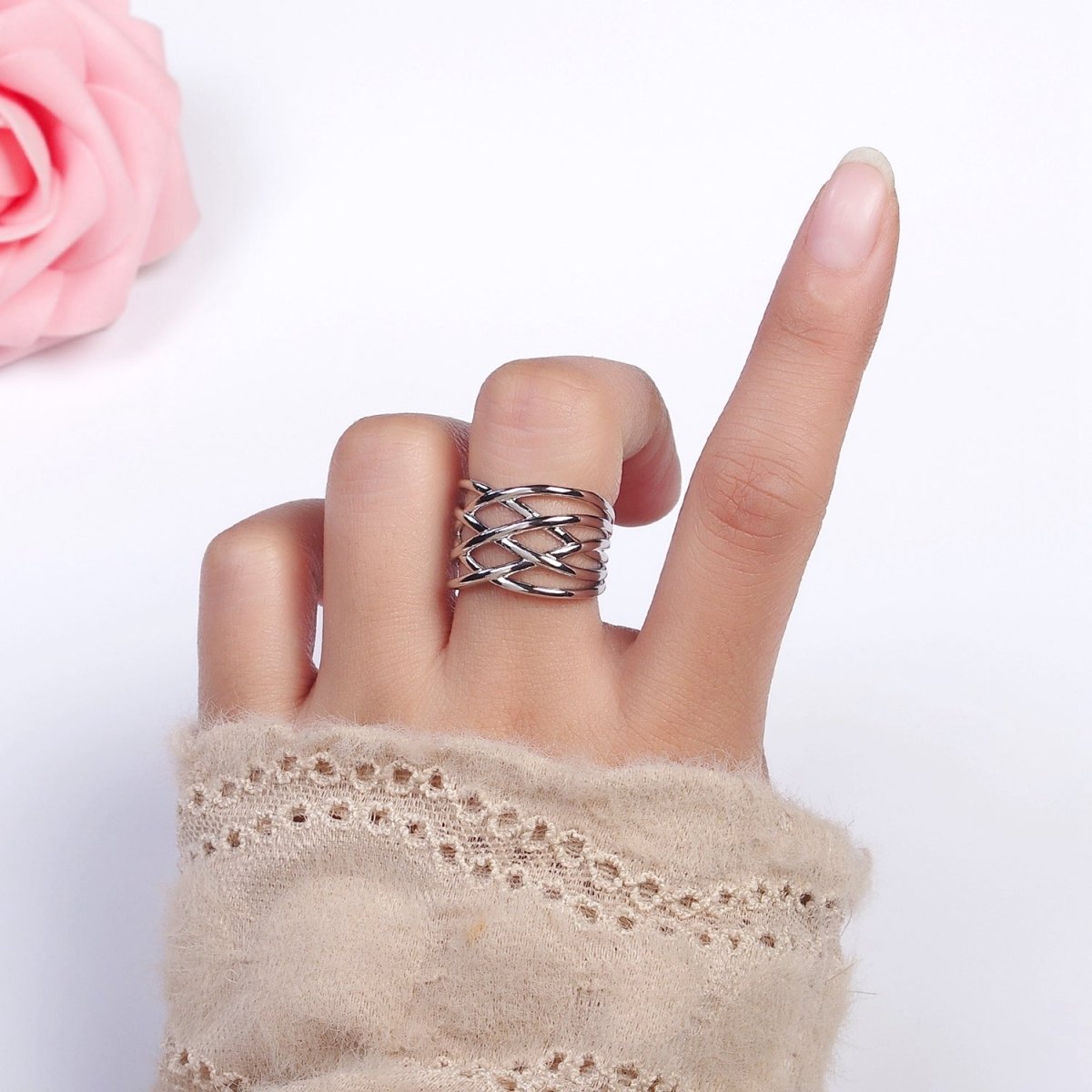 16K Gold Filled Geometric Multiple Band Statement Ring in Gold & Silver | O-1980 O-1981