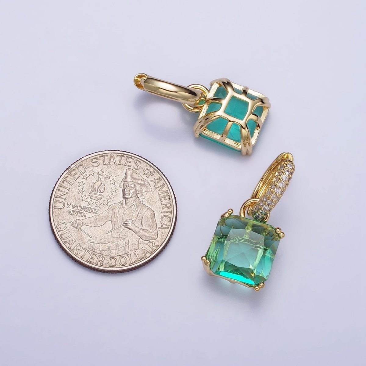 16K Gold Filled Green Aqua Square CZ Drop Micro Paved Huggie Earrings | AD1357 AD1358