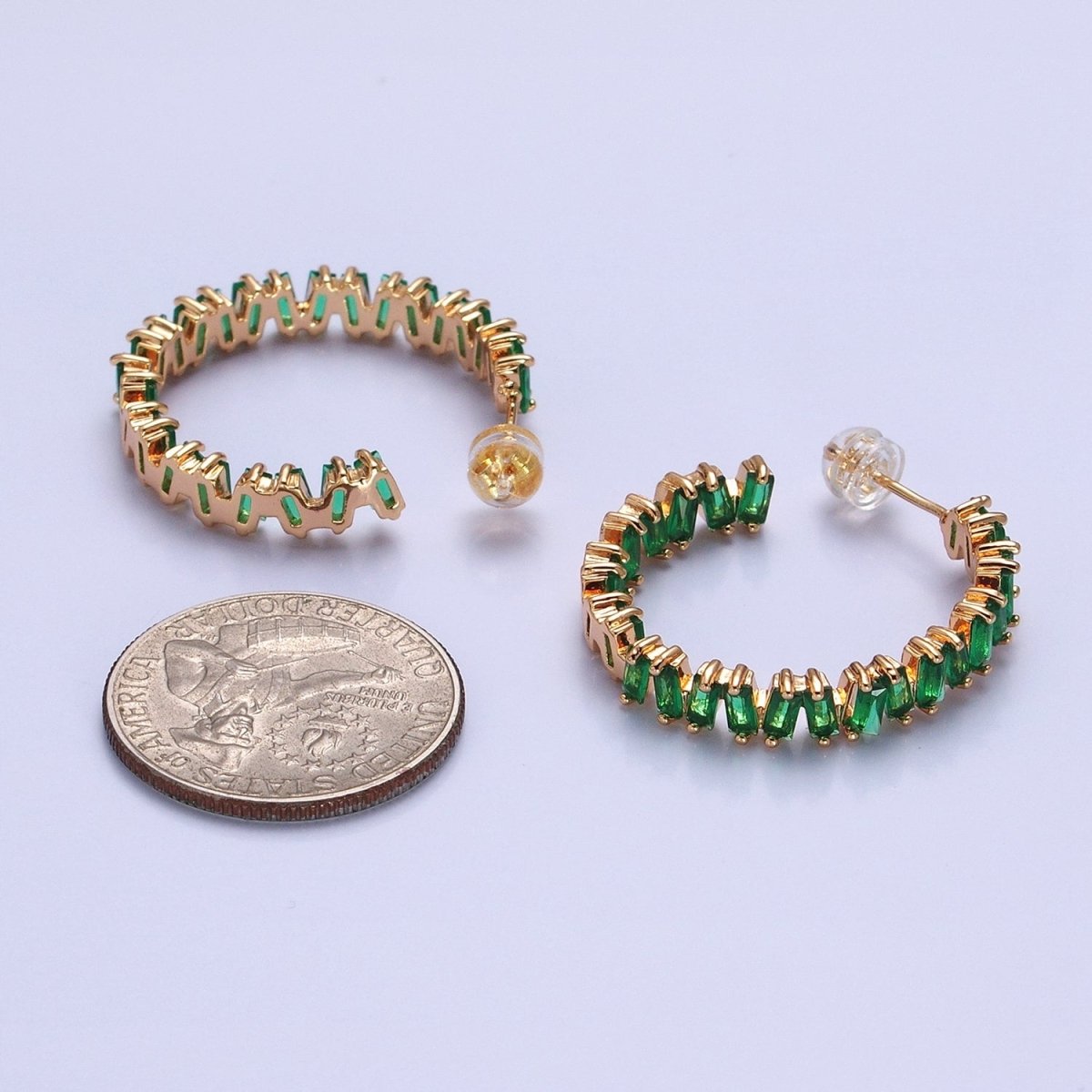 16K Gold Filled Green, Clear, Pink Baguette Zig-Zag Front Sided 30mm Circular Hoop Earrings in Silver & Gold | AB855 - AB859