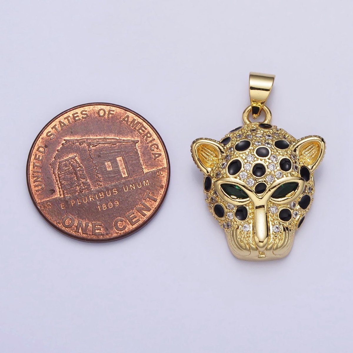 16K Gold Filled Green-Eyed CZ Jaguar Cheetah Black Enamel Micro Paved CZ Animal Pendant | AA509
