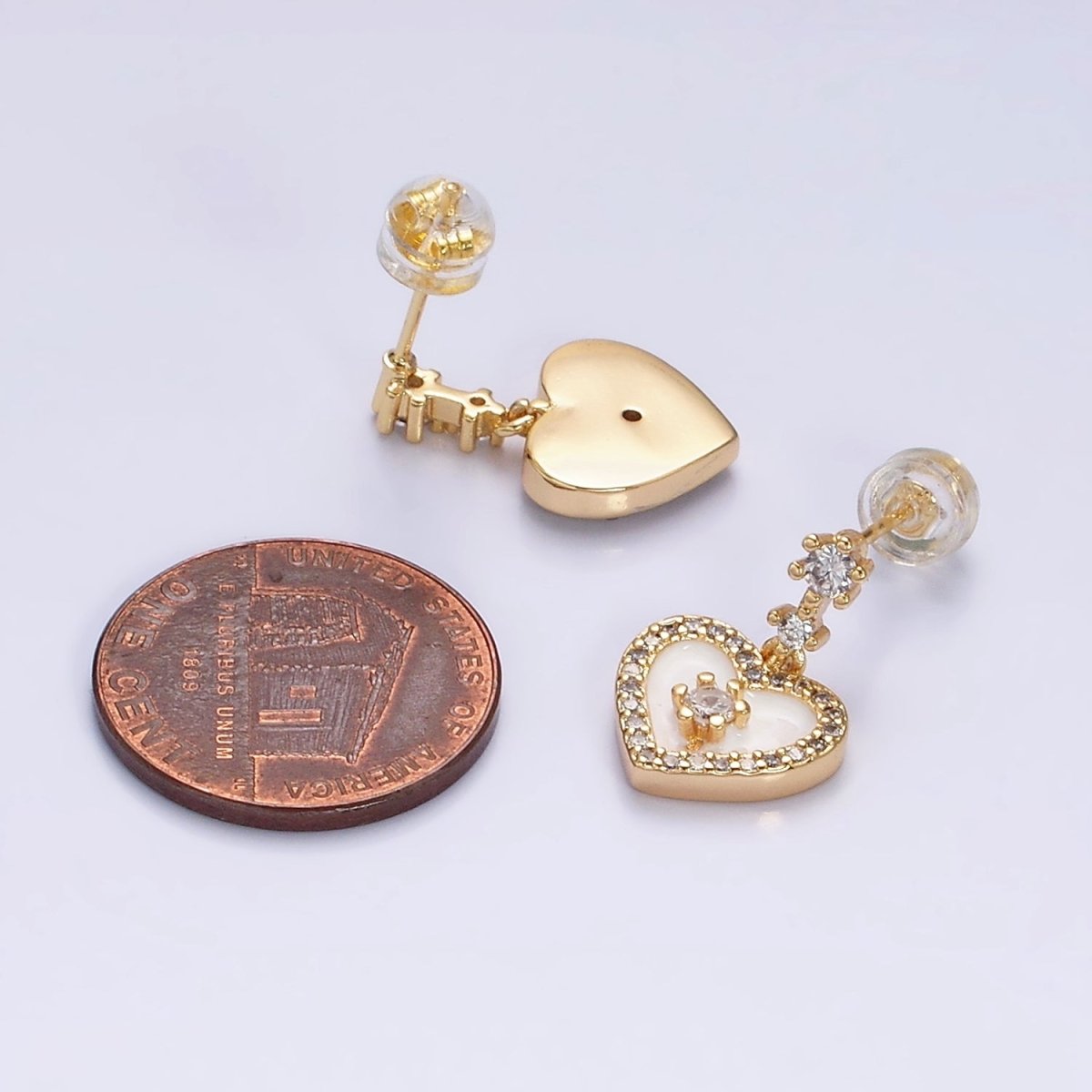 16K Gold Filled Heart Micro Paved White, Pink, Black Enamel Drop Double CZ Stud Earrings in Gold & Silver | AD1286 AD1294 AD1297 AD1301 AD1313 AD1315