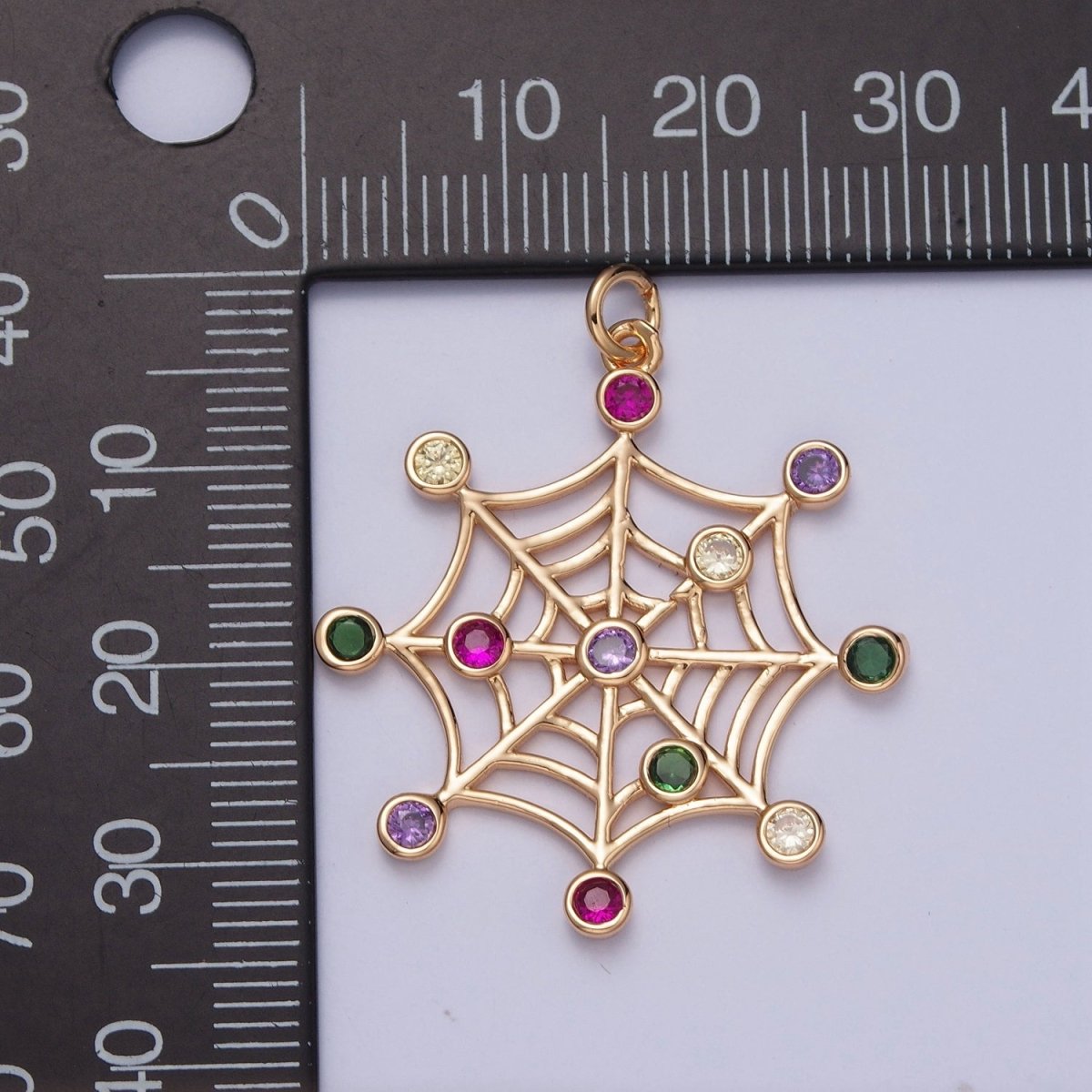 16K Gold Filled Multicolor Round Cubic Zirconia Spider Cob Web Charm | X-215