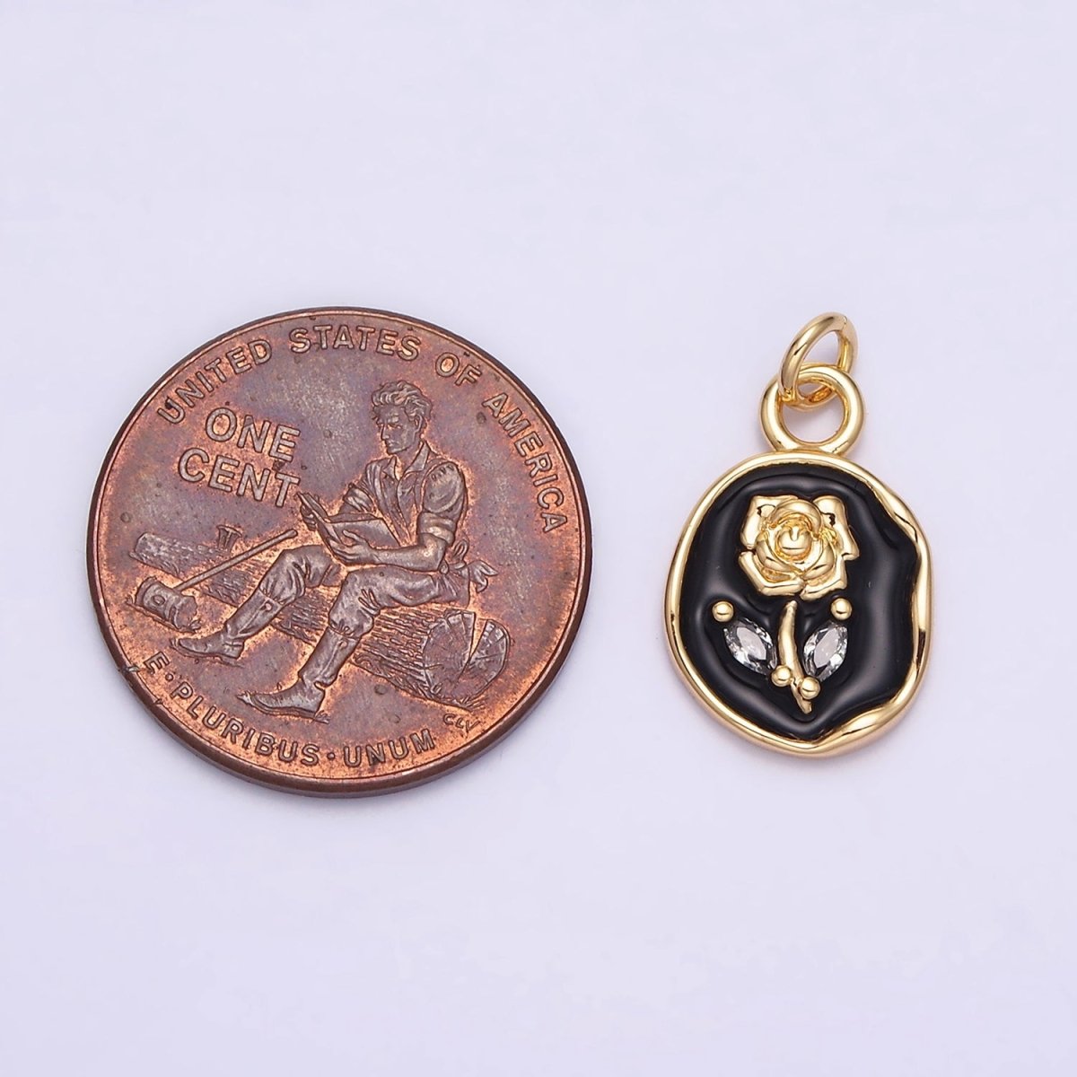 16K Gold Filled Rose Flower Marquise Leaf White, Pink, Black Sparkly Enamel Stamped Oval Charm | AC1081 - AC1086