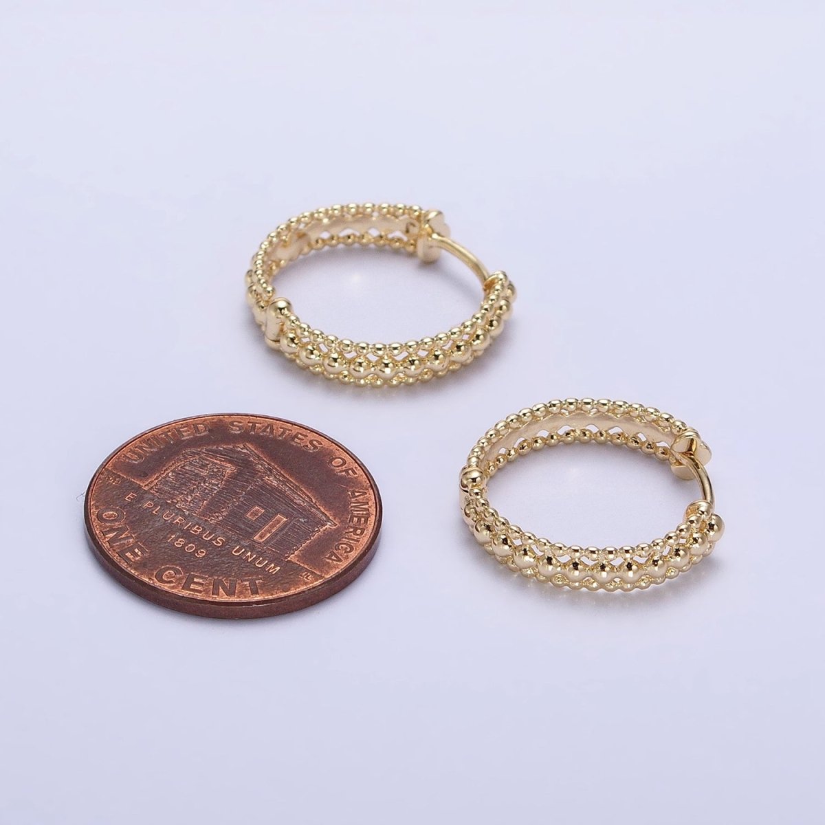 16K Gold Filled Triple Round Beaded Bubble Band 17mm Hoop Earrings | AD1355