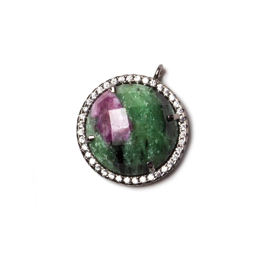 17mm Black Gold Bezel White CZ & Ruby in Zoisite Coin Pendant 1 pc