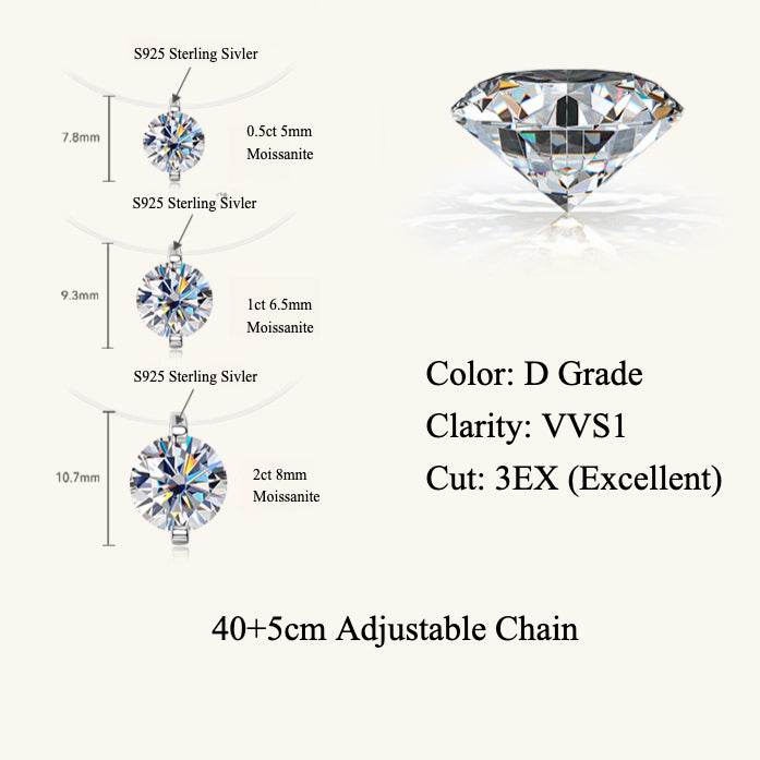 Sterling Silver Moissanite Pendant Necklace – Invisible Floating Dainty Choker, Adjustable 15.7in + 2in (0.5–3ct), Mermaid Tear Design