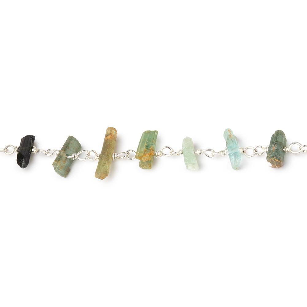 4x2-10x3mm Multi Color Tourmaline Natural Crystals on .925 Silver Chain