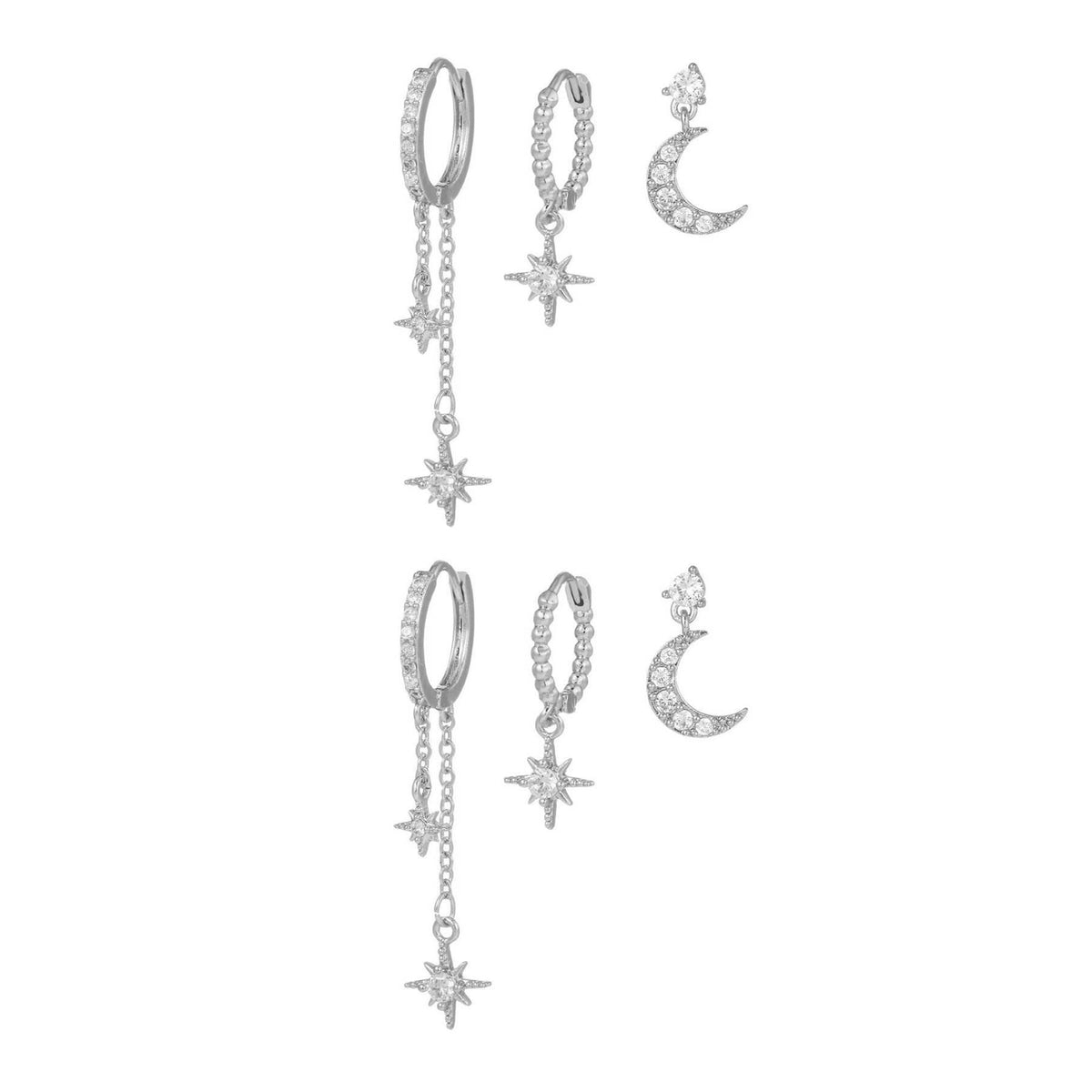 Stacking 3 Pieces Lunar Starlight Glow Earring Set, 18k Gold and White Gold Stud Drop Hoop, S925 Needle, Stacked Lobe Designs with Dazzling Zirconia