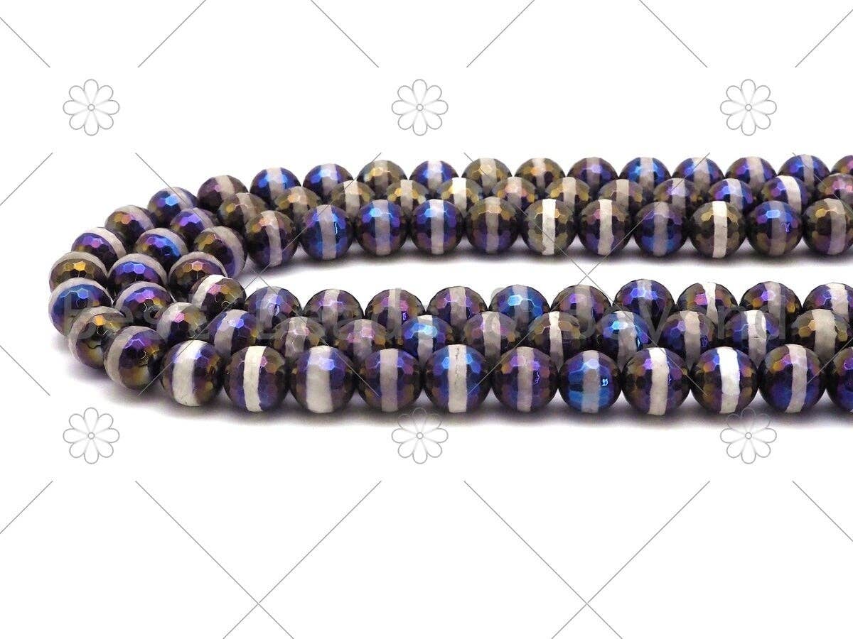 Mystic AB Black Tibetan Agate with Whtie Line Round Faceted Beads, 8mm/10mm/12mm Beads, 15.5'' Full Strand, Sku#UA223