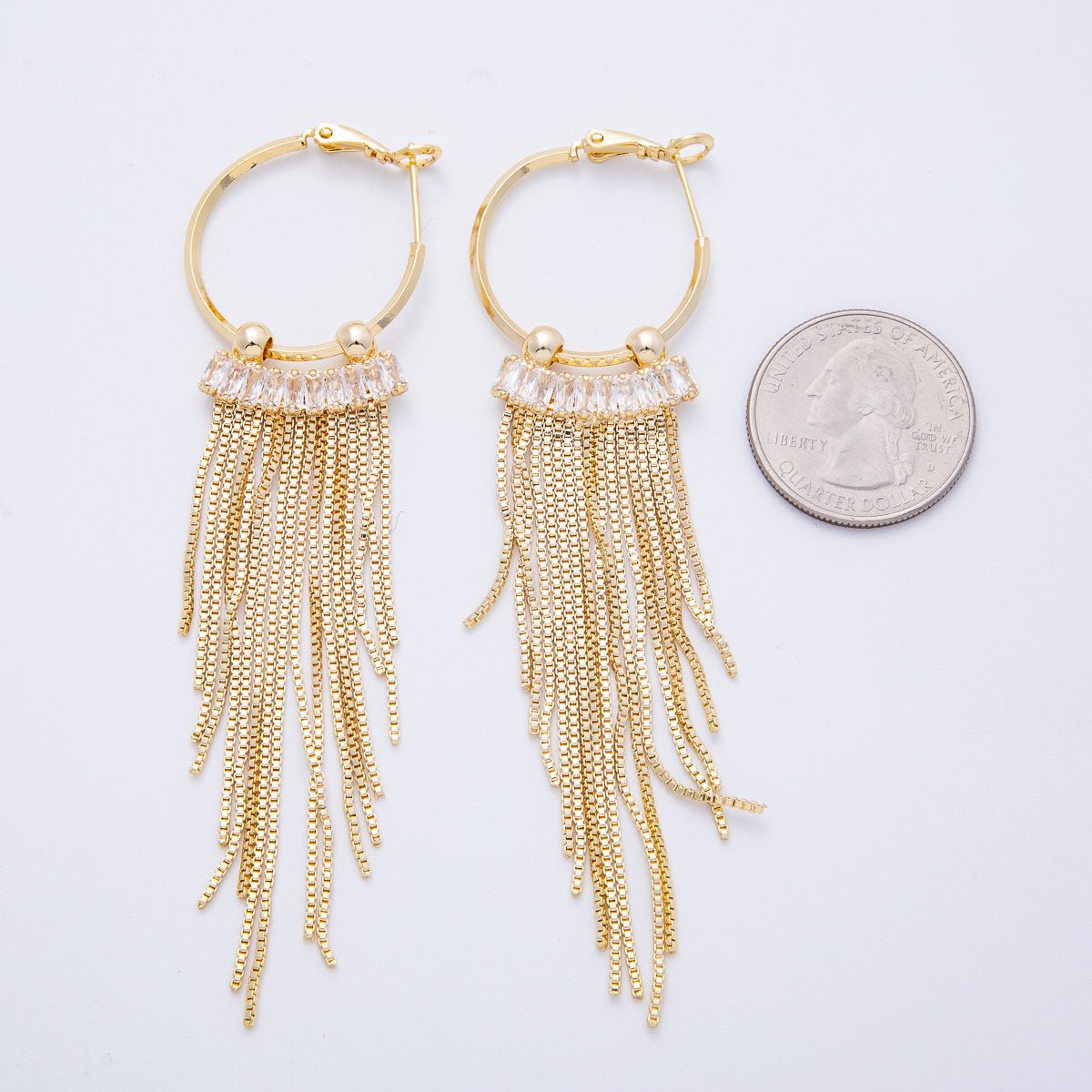 18K Gold Filled 76mm Clear Baguette CZ Box Chain Tassel C-Shaped Hinge Hoop Earrings | T013