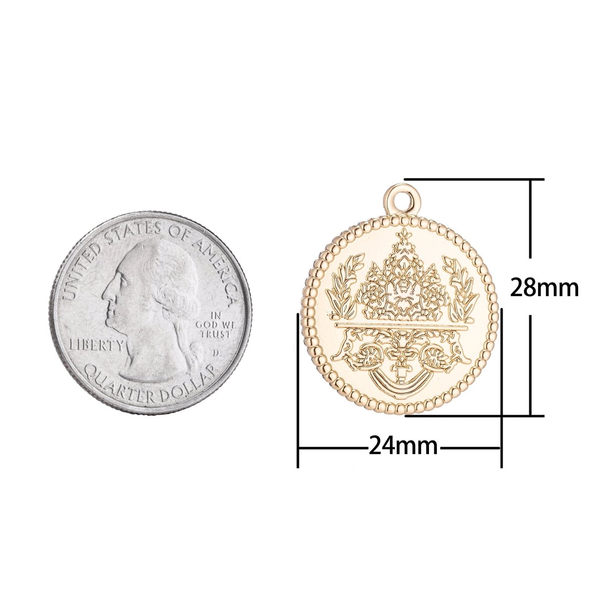 18k Gold Filled Floral Coin Charm Medallion with decorative Edge for Necklace Pendant Earring Findings for Jewelry Making C-092