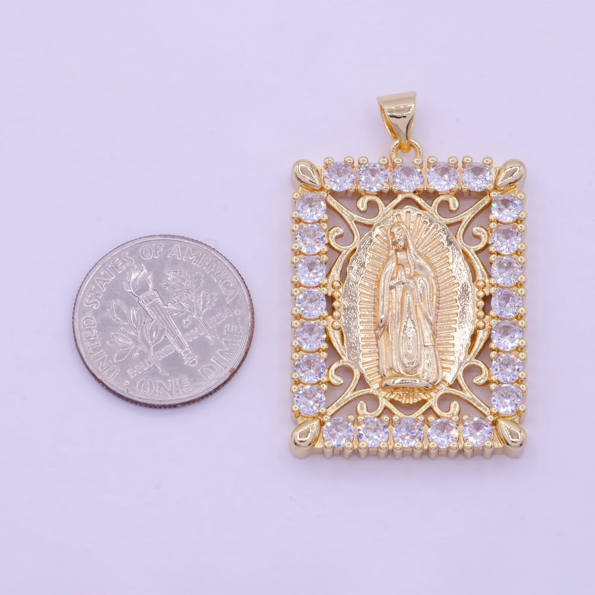18K Gold Filled Lady Guadalupe Pendant Micro Pave Medallion Virgin Mary Rectangle Tag Catholic Jewelry Pendant X-461