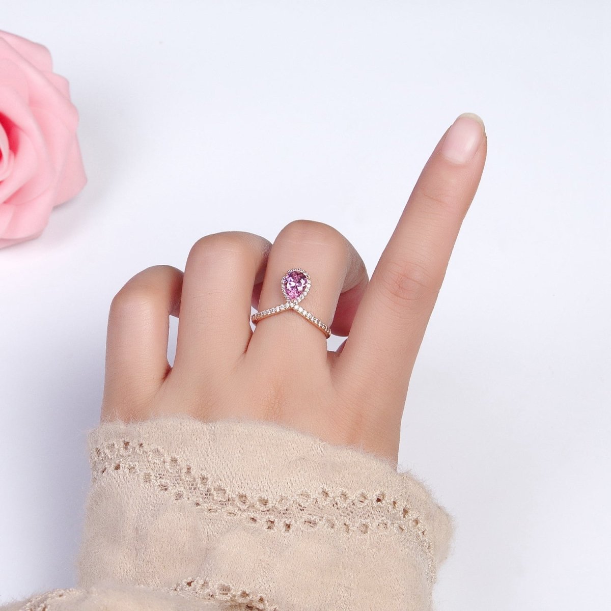 18K Gold Filled Pink Teardrop CZ Micro Paved Chevron Adjustable Ring | R-144