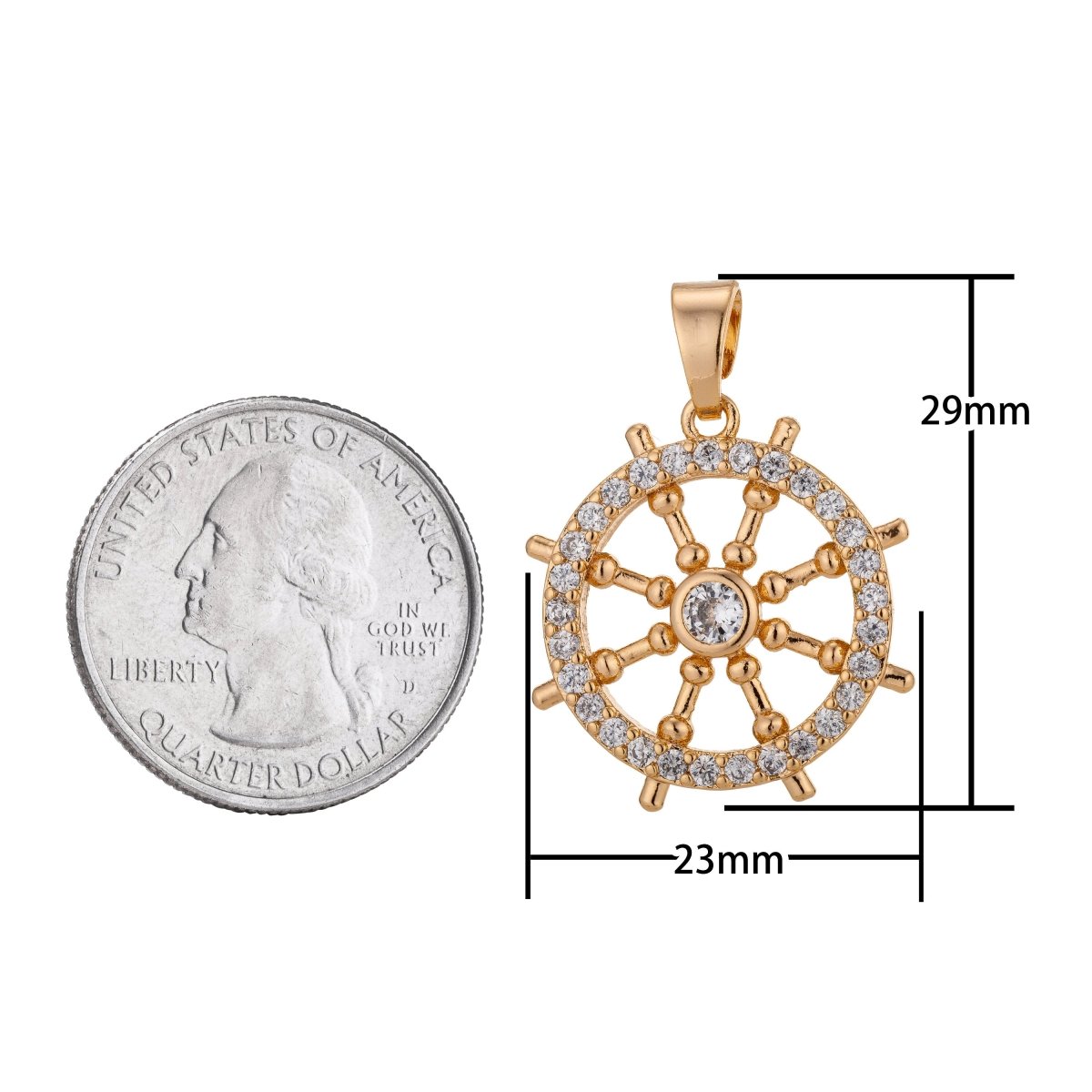 18K Gold Filled Steering Wheel, Sailor Charm Pendant w/ Bails Boat Yacht Travel Boat Ocean Cubic Zirconia Necklace for Jewelry Making H-804