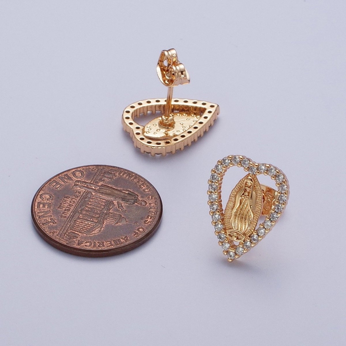 18K Gold Micro Paved Heart Outline Mother Virgin Mary Religious Stud Earrings | AE-1048
