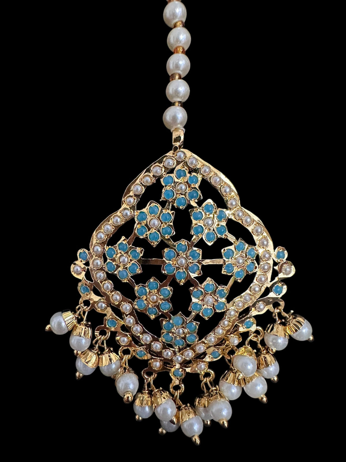 DJET91 Mehru Jadau chandbali earrings tika in turquoise/feroza pearls ( READY TO SHIP )