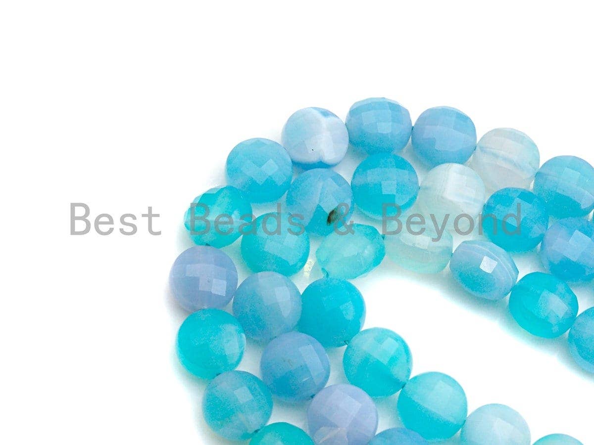 SPECIAL Double Sided Turtle Shell Cut Natural Agate Coin Shape beads, 10mm Checkerboard Cut Blue Agate Beads, 16" Full strand, Sku#U763