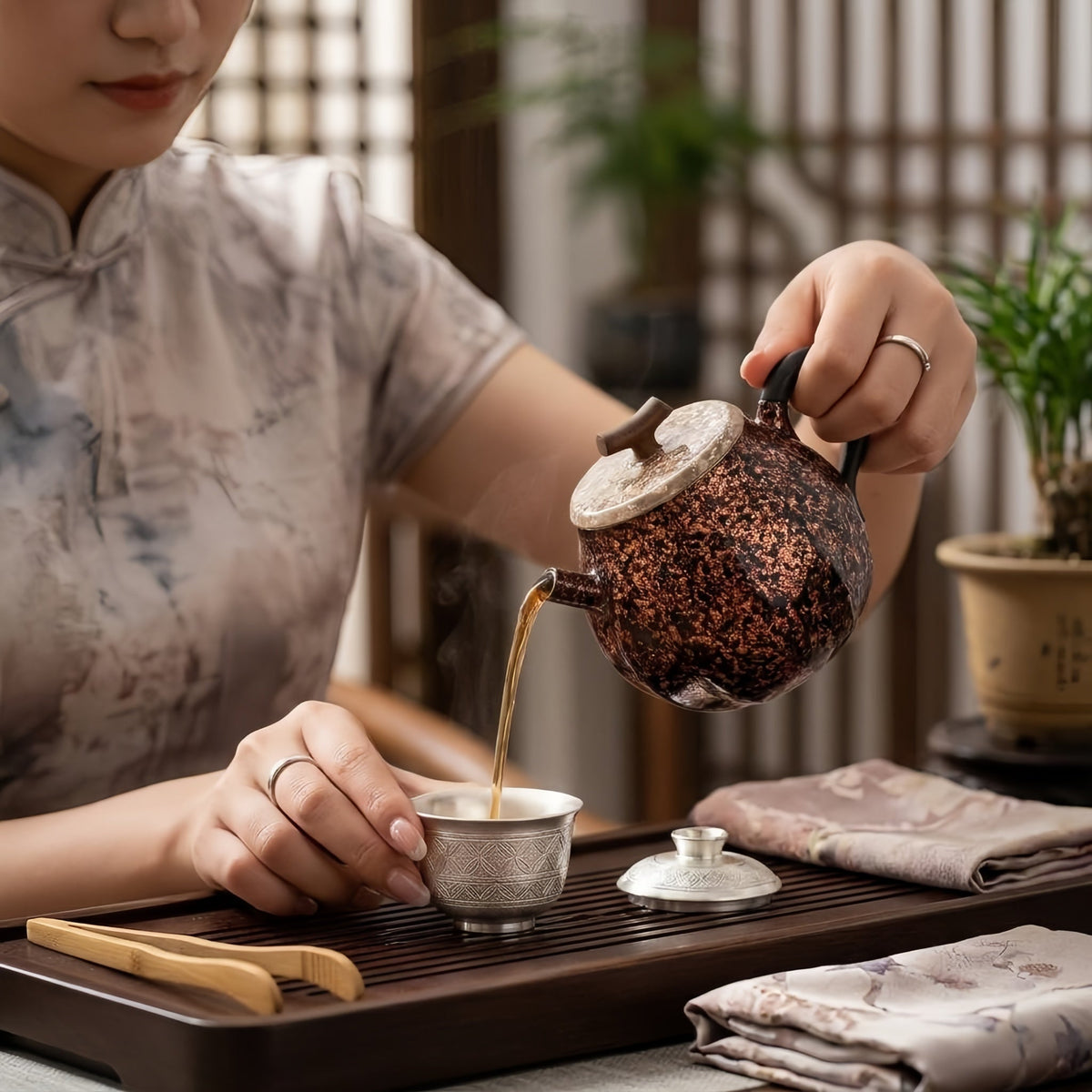 Pure 999 Fine Silver Elegant Metallic Teapot with Wooden Lid and Handle-Finely crafted small teapot - Handicraft