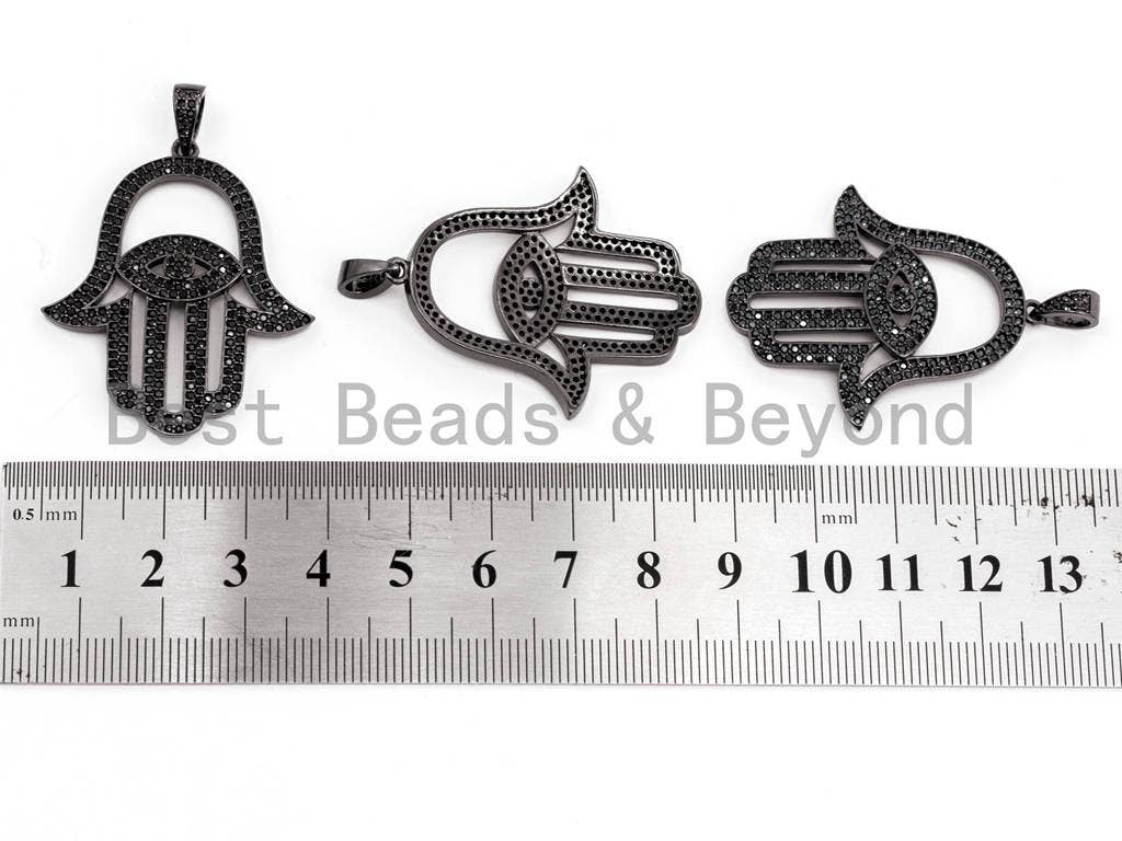 Black CZ Pave On Black Micro Pave Hamsa Hand With Evil Eye Charm, Fashion Jewelry Findings Pave Charm, Pave Dangle Charms,34x48mm, Sku#F377