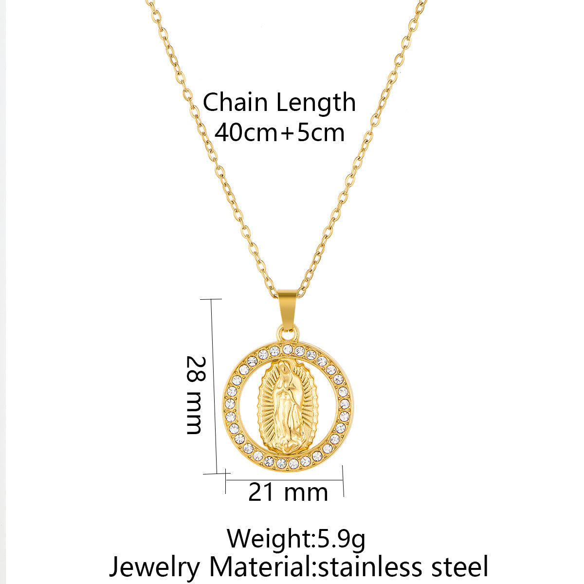 Stainless Steel Inlaid Rhinestone Virgin Mary Pendant Necklace