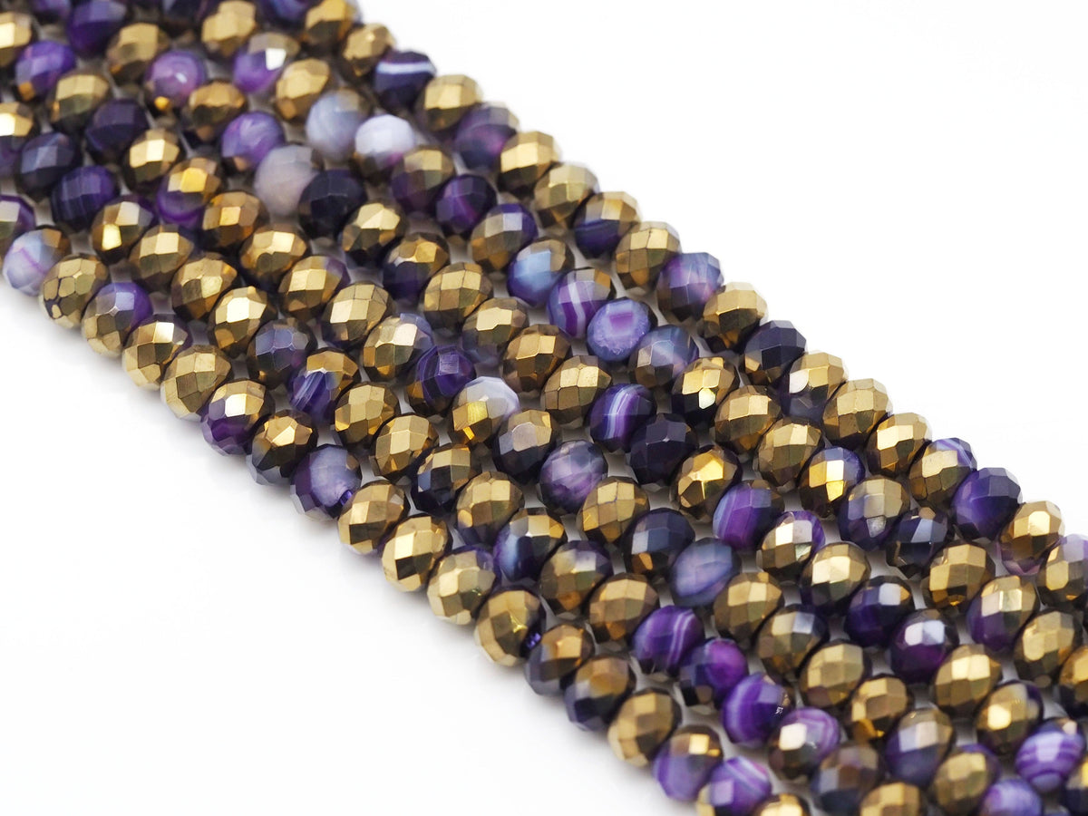 Hlaf Gold Plated Natural Purple Banded Agate Rondelle Faceted Beads, Sku#UA273c