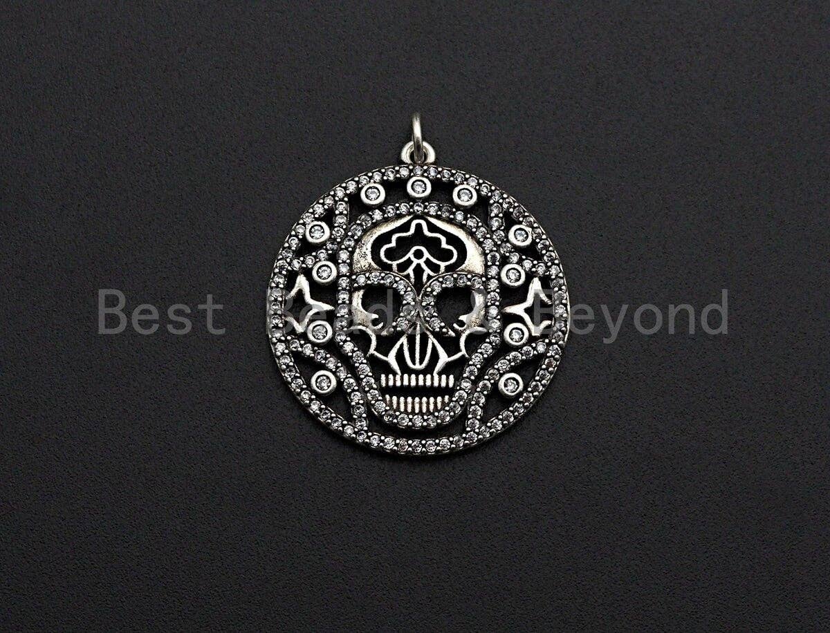 CZ Micro Pave Hollow Out Skull With Ring Pendant, Antique Silver Tone, Cubic Zirconia Pave Round Pendant, 29x32mm,sku#F1025