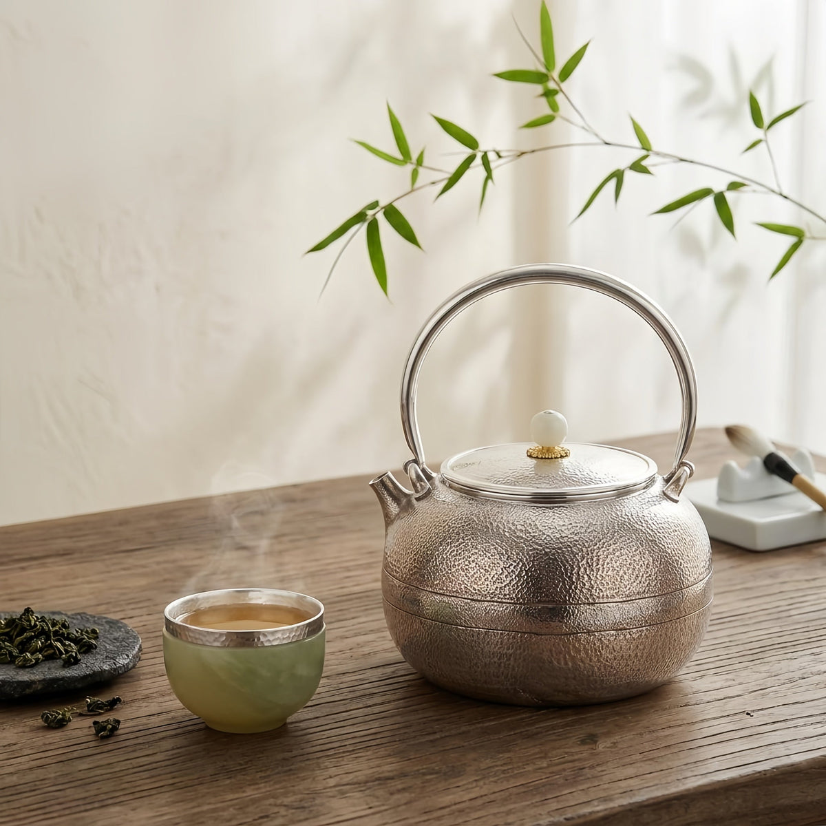 Pure 999 Fine Silver Elegant Handcrafted Hammered Silver Teapot with a Polished White Stone Lid Finial - Handicraft