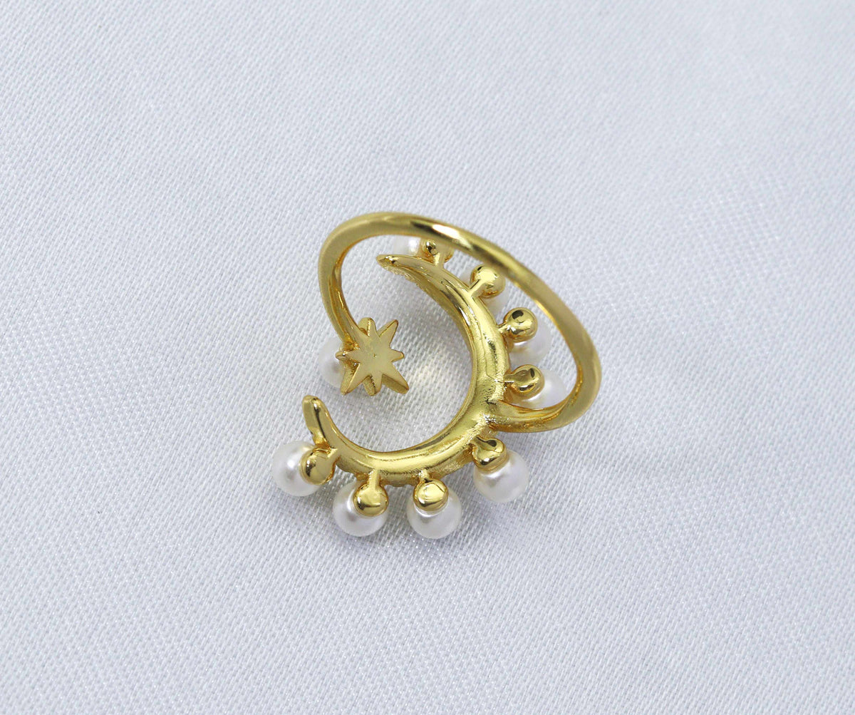 CZ Crescent Moon North Star Pearl Adjustable Ring, Sku#O104