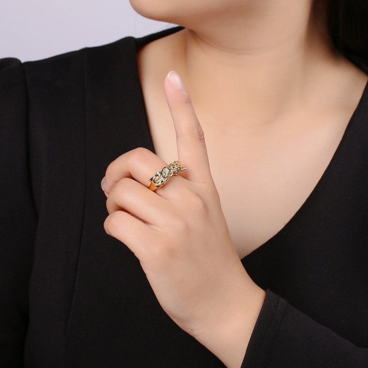 1pc Twin Dragon CZ Pave 24K Gold Ring, Green Eye Dragon Adjustable Gold Ring, Bold Animal Ring, R-435