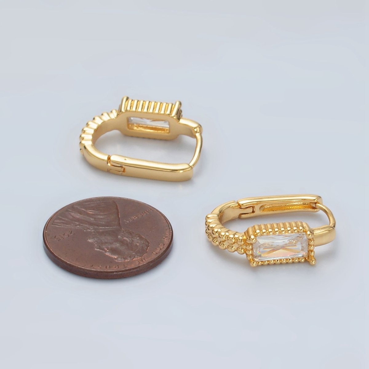 24K Gold Filled 18mm Baguette CZ Dotted Oblong Huggie Earrings | T093