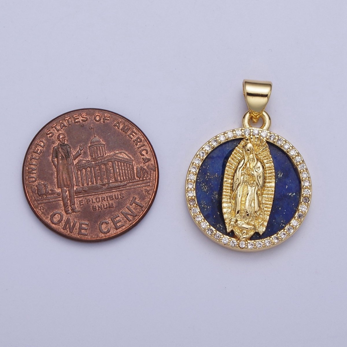 24K Gold Filled Blue Lapiz Lady Guadalupe Medallion, Micro Pave Religious Virgin Mother Mary Round Charm For Jewelry Making X-430