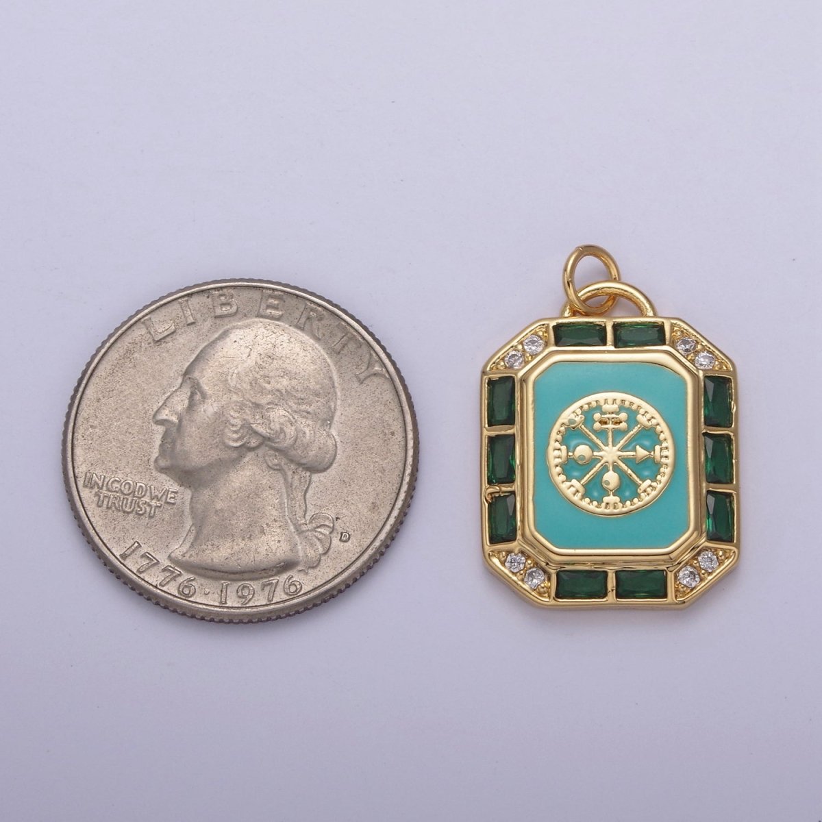 24K Gold Filled Blue / Teal Enamel Tag Tile Compass Baguette Octagonal Charm E-774 N-746