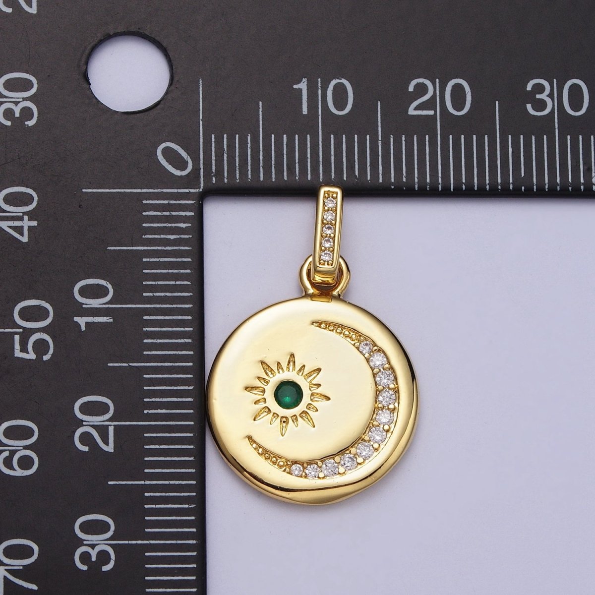 24K Gold Filled Celestial Sun Crescent Moon Micro Paved CZ Round Pendant H-353