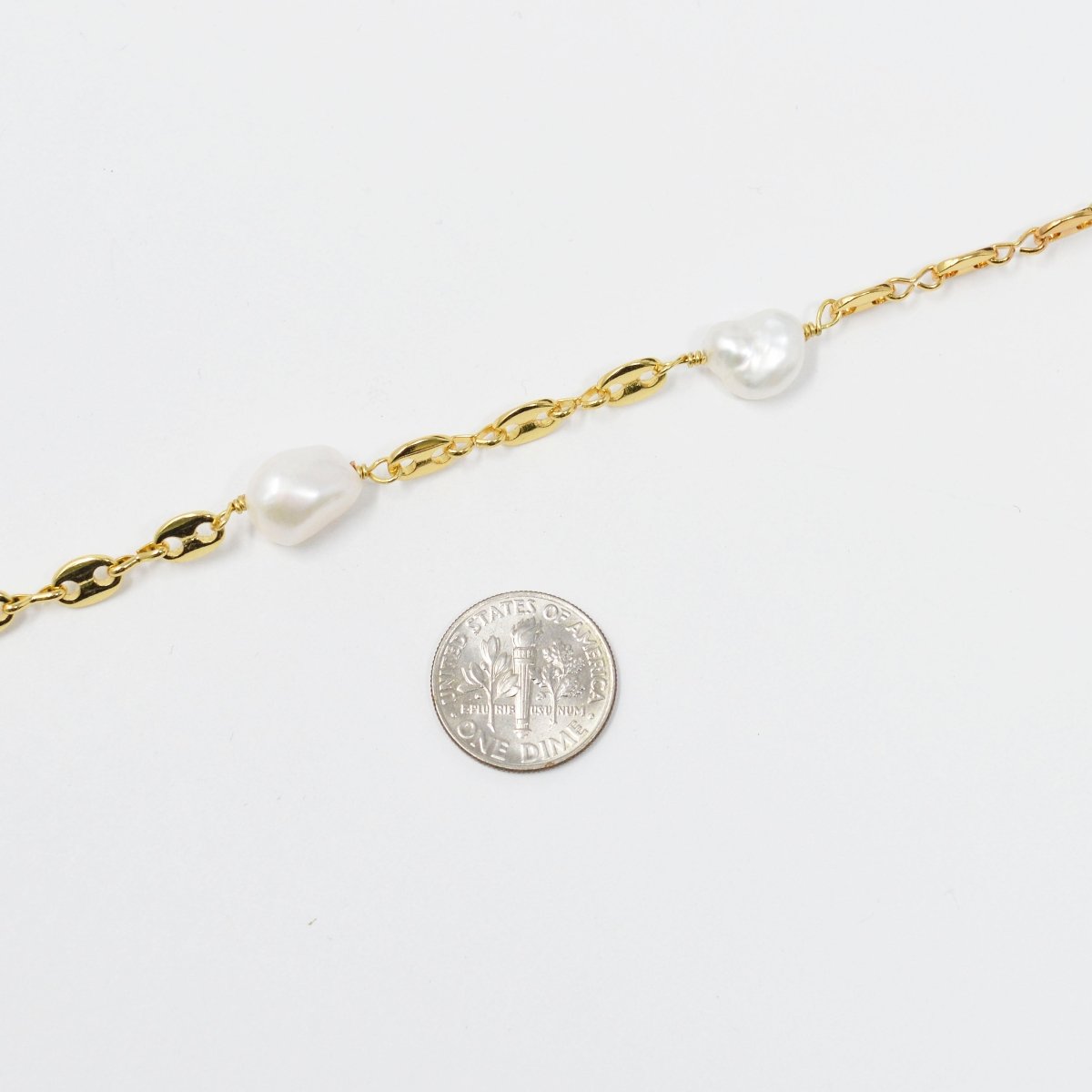 24K Gold Filled Charm Chain by Yard, Baroque Mother Pearl Paper Clip Link Chain by Yard, White Pearl Chain, Unfinished Mariner Chain | ROLL-423 Clearance Pricing