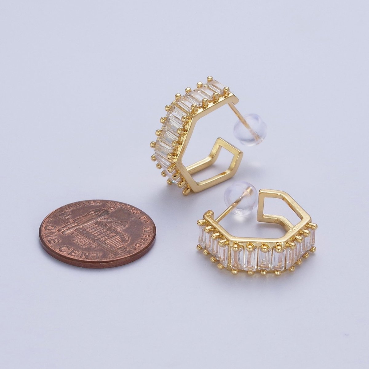 24K Gold Filled Clear Baguette Cubic Zirconia Hexagonal Open C Shaped Double Band Stud Earrings T-132
