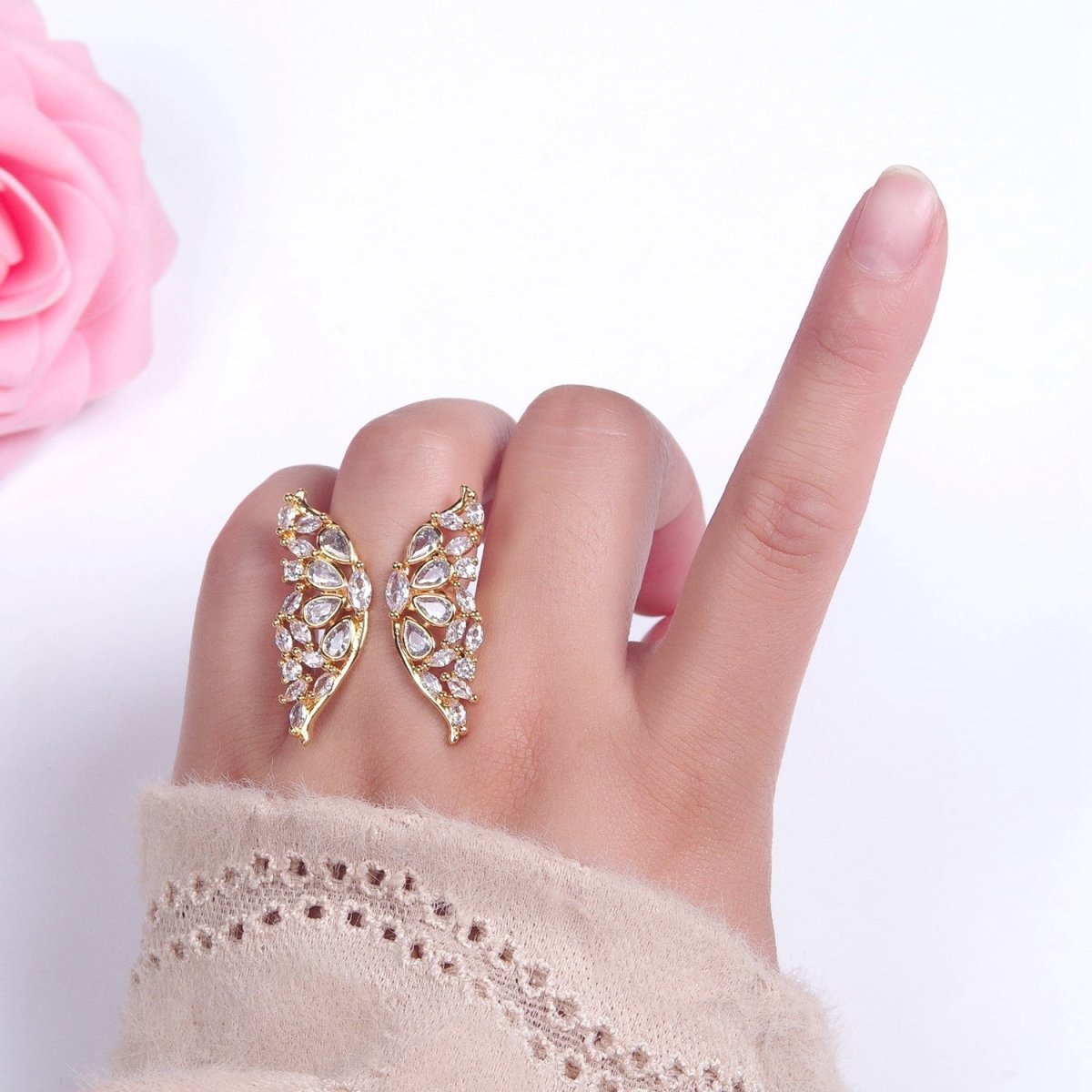24K Gold Filled Clear Cubic Zirconia Grand Gold Butterfly Mariposa Adjustable Statement Ring O-793