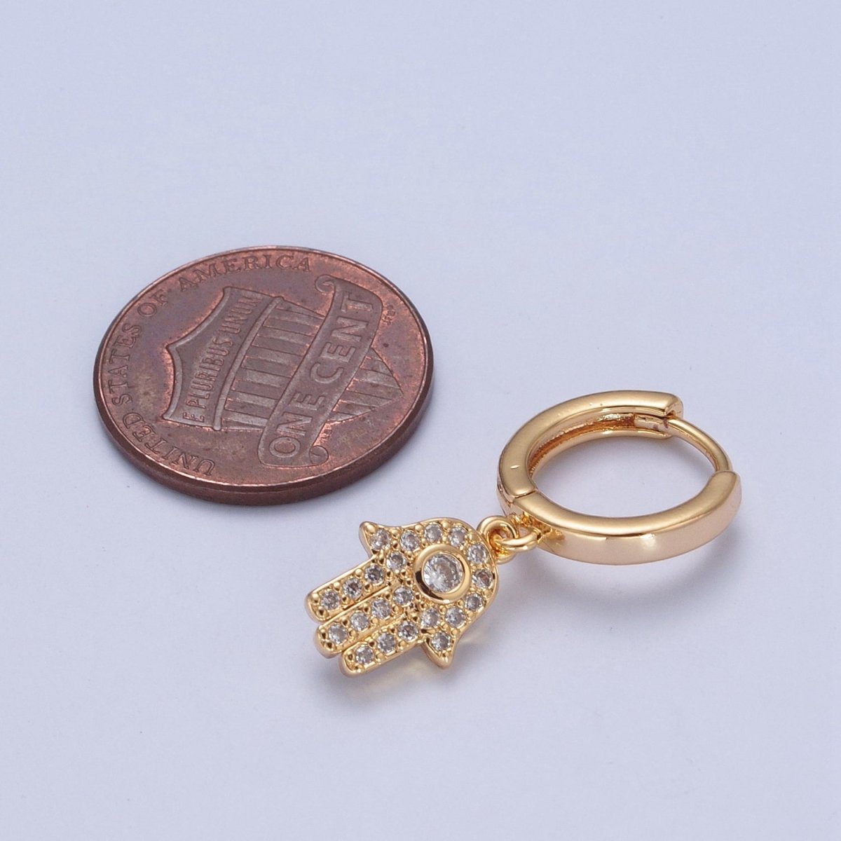 24K Gold Filled Clear CZ Micro Pave Hamsa Hand Charm Dangle Drop Huggie Earrings P-308