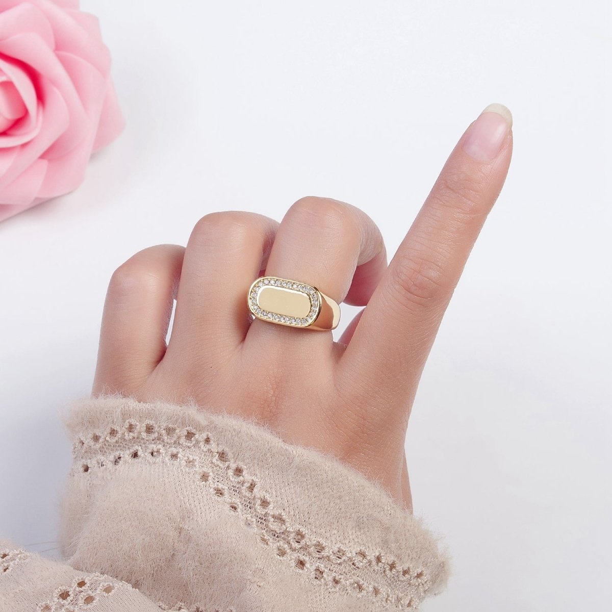 24K Gold Filled CZ Gold & Silver Ring, Minimalist Signet Ring Micro Pave Cubic Zirconia Ring O-2281 O-2282