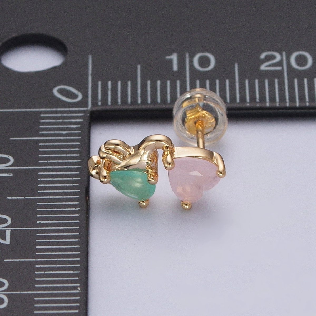 24K Gold Filled Dainty Pink CZ Heart with Green CZ Elephant Stud Earrings P-429