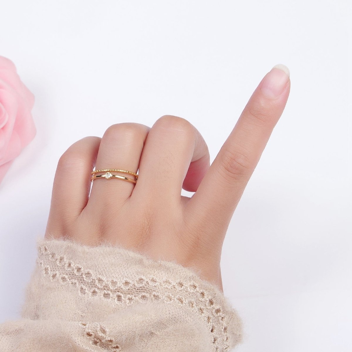 OS 24K Gold Filled Double Band Beaded & Clear Cubic Zirconia Stone Adjustable Gold Ring | U-030